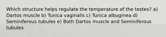 Which structure helps regulate the temperature of the testes? a) Dartos muscle b) Tunica vaginalis c) Tunica albuginea d) Seminiferous tubules e) Both Dartos muscle and Seminiferous tubules