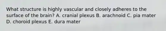 What structure is highly vascular and closely adheres to the surface of the brain? A. cranial plexus B. arachnoid C. pia mater D. choroid plexus E. dura mater