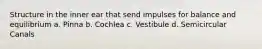 Structure in the inner ear that send impulses for balance and equilibrium a. Pinna b. Cochlea c. Vestibule d. Semicircular Canals