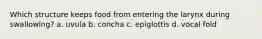 Which structure keeps food from entering the larynx during swallowing? a. uvula b. concha c. epiglottis d. vocal fold