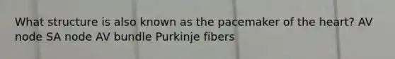 What structure is also known as the pacemaker of <a href='https://www.questionai.com/knowledge/kya8ocqc6o-the-heart' class='anchor-knowledge'>the heart</a>? AV node SA node AV bundle Purkinje fibers
