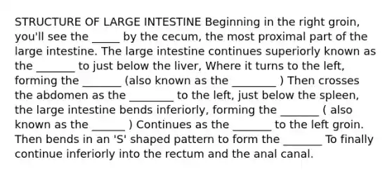 STRUCTURE OF LARGE INTESTINE Beginning in the right groin, you'll see the _____ by the cecum, the most proximal part of the large intestine. The large intestine continues superiorly known as the _______ to just below the liver, Where it turns to the left, forming the _______ (also known as the ________ ) Then crosses the abdomen as the ________ to the left, just below the spleen, the large intestine bends inferiorly, forming the _______ ( also known as the ______ ) Continues as the _______ to the left groin. Then bends in an 'S' shaped pattern to form the _______ To finally continue inferiorly into the rectum and the anal canal.