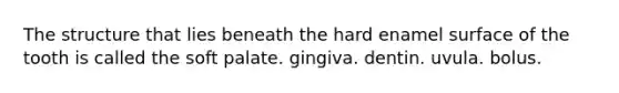 The structure that lies beneath the hard enamel surface of the tooth is called the soft palate. gingiva. dentin. uvula. bolus.