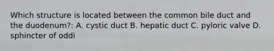 Which structure is located between the common bile duct and the duodenum?: A. cystic duct B. hepatic duct C. pyloric valve D. sphincter of oddi