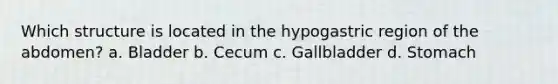 Which structure is located in the hypogastric region of the abdomen? a. Bladder b. Cecum c. Gallbladder d. Stomach