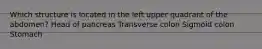Which structure is located in the left upper quadrant of the abdomen? Head of pancreas Transverse colon Sigmoid colon Stomach