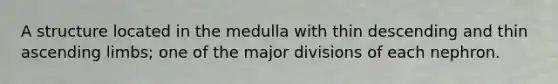 A structure located in the medulla with thin descending and thin ascending limbs; one of the major divisions of each nephron.