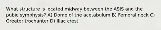 What structure is located midway between the ASIS and the pubic symphysis? A) Dome of the acetabulum B) Femoral neck C) Greater trochanter D) Iliac crest