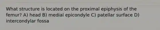 What structure is located on the proximal epiphysis of the femur? A) head B) medial epicondyle C) patellar surface D) intercondylar fossa