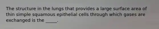 The structure in the lungs that provides a large surface area of thin simple squamous epithelial cells through which gases are exchanged is the _____.