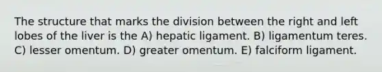 The structure that marks the division between the right and left lobes of the liver is the A) hepatic ligament. B) ligamentum teres. C) lesser omentum. D) greater omentum. E) falciform ligament.