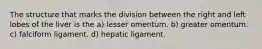 The structure that marks the division between the right and left lobes of the liver is the a) lesser omentum. b) greater omentum. c) falciform ligament. d) hepatic ligament.