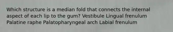 Which structure is a median fold that connects the internal aspect of each lip to the gum? Vestibule Lingual frenulum Palatine raphe Palatopharyngeal arch Labial frenulum