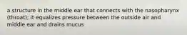 a structure in the middle ear that connects with the nasopharynx (throat); it equalizes pressure between the outside air and middle ear and drains mucus