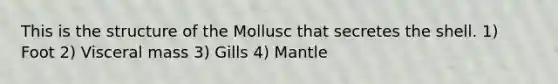 This is the structure of the Mollusc that secretes the shell. 1) Foot 2) Visceral mass 3) Gills 4) Mantle