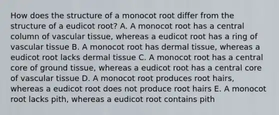 How does the structure of a monocot root differ from the structure of a eudicot root? A. A monocot root has a central column of vascular tissue, whereas a eudicot root has a ring of vascular tissue B. A monocot root has dermal tissue, whereas a eudicot root lacks dermal tissue C. A monocot root has a central core of ground tissue, whereas a eudicot root has a central core of vascular tissue D. A monocot root produces root hairs, whereas a eudicot root does not produce root hairs E. A monocot root lacks pith, whereas a eudicot root contains pith