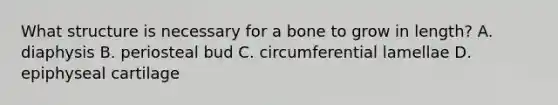 What structure is necessary for a bone to grow in length? A. diaphysis B. periosteal bud C. circumferential lamellae D. epiphyseal cartilage