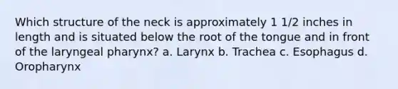 Which structure of the neck is approximately 1 1/2 inches in length and is situated below the root of the tongue and in front of the laryngeal pharynx? a. Larynx b. Trachea c. Esophagus d. Oropharynx