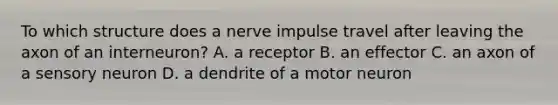 To which structure does a nerve impulse travel after leaving the axon of an interneuron? A. a receptor B. an effector C. an axon of a sensory neuron D. a dendrite of a motor neuron