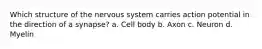 Which structure of the nervous system carries action potential in the direction of a synapse? a. Cell body b. Axon c. Neuron d. Myelin