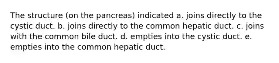 The structure (on <a href='https://www.questionai.com/knowledge/kITHRba4Cd-the-pancreas' class='anchor-knowledge'>the pancreas</a>) indicated a. joins directly to the cystic duct. b. joins directly to the common hepatic duct. c. joins with the common bile duct. d. empties into the cystic duct. e. empties into the common hepatic duct.