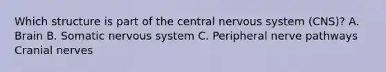 Which structure is part of the central nervous system (CNS)? A. Brain B. Somatic nervous system C. Peripheral nerve pathways Cranial nerves