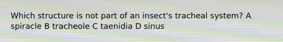 Which structure is not part of an insect's tracheal system? A spiracle B tracheole C taenidia D sinus