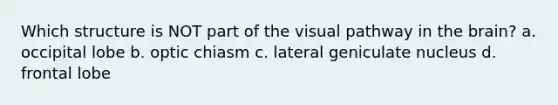 Which structure is NOT part of the visual pathway in the brain? a. occipital lobe b. optic chiasm c. lateral geniculate nucleus d. frontal lobe