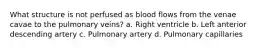 What structure is not perfused as blood flows from the venae cavae to the pulmonary veins? a. Right ventricle b. Left anterior descending artery c. Pulmonary artery d. Pulmonary capillaries