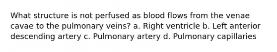 What structure is not perfused as blood flows from the venae cavae to the pulmonary veins? a. Right ventricle b. Left anterior descending artery c. Pulmonary artery d. Pulmonary capillaries