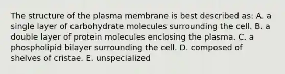 The structure of the plasma membrane is best described as: A. a single layer of carbohydrate molecules surrounding the cell. B. a double layer of protein molecules enclosing the plasma. C. a phospholipid bilayer surrounding the cell. D. composed of shelves of cristae. E. unspecialized