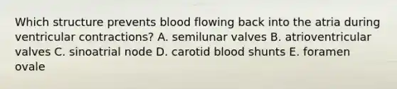 Which structure prevents blood flowing back into the atria during ventricular contractions? A. semilunar valves B. atrioventricular valves C. sinoatrial node D. carotid blood shunts E. foramen ovale