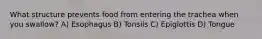 What structure prevents food from entering the trachea when you swallow? A) Esophagus B) Tonsils C) Epiglottis D) Tongue