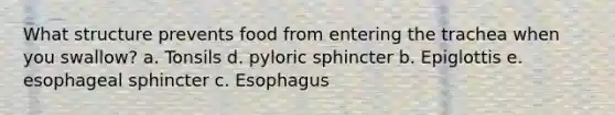 What structure prevents food from entering the trachea when you swallow? a. Tonsils d. pyloric sphincter b. Epiglottis e. esophageal sphincter c. Esophagus