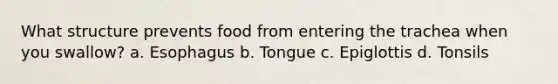 What structure prevents food from entering the trachea when you swallow? a. Esophagus b. Tongue c. Epiglottis d. Tonsils