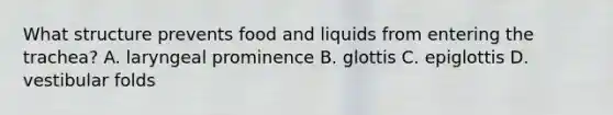 What structure prevents food and liquids from entering the trachea? A. laryngeal prominence B. glottis C. epiglottis D. vestibular folds