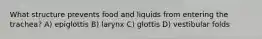 What structure prevents food and liquids from entering the trachea? A) epiglottis B) larynx C) glottis D) vestibular folds