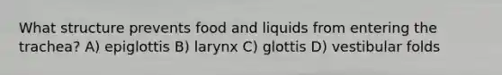 What structure prevents food and liquids from entering the trachea? A) epiglottis B) larynx C) glottis D) vestibular folds
