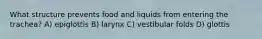What structure prevents food and liquids from entering the trachea? A) epiglottis B) larynx C) vestibular folds D) glottis