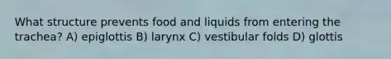 What structure prevents food and liquids from entering the trachea? A) epiglottis B) larynx C) vestibular folds D) glottis