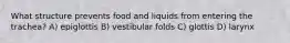 What structure prevents food and liquids from entering the trachea? A) epiglottis B) vestibular folds C) glottis D) larynx