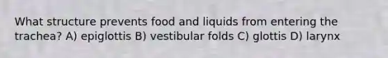 What structure prevents food and liquids from entering the trachea? A) epiglottis B) vestibular folds C) glottis D) larynx