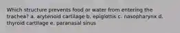 Which structure prevents food or water from entering the trachea? a. arytenoid cartilage b. epiglottis c. nasopharynx d. thyroid cartilage e. paranasal sinus