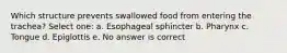 Which structure prevents swallowed food from entering the trachea? Select one: a. Esophageal sphincter b. Pharynx c. Tongue d. Epiglottis e. No answer is correct