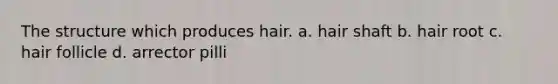 The structure which produces hair. a. hair shaft b. hair root c. hair follicle d. arrector pilli