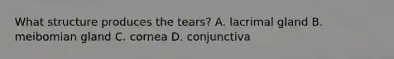 What structure produces the tears? A. lacrimal gland B. meibomian gland C. cornea D. conjunctiva