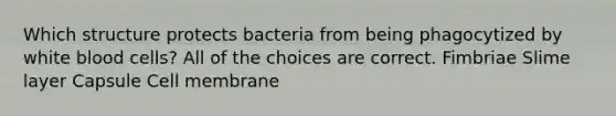 Which structure protects bacteria from being phagocytized by white blood cells? All of the choices are correct. Fimbriae Slime layer Capsule Cell membrane