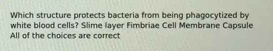 Which structure protects bacteria from being phagocytized by white blood cells? Slime layer Fimbriae Cell Membrane Capsule All of the choices are correct