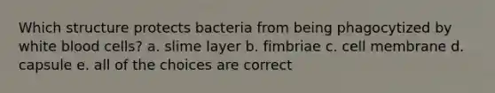 Which structure protects bacteria from being phagocytized by white blood cells? a. slime layer b. fimbriae c. cell membrane d. capsule e. all of the choices are correct