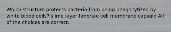 Which structure protects bacteria from being phagocytized by white blood cells? slime layer fimbriae cell membrane capsule All of the choices are correct.